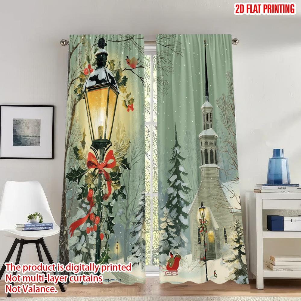 

Flat Printing Popular Christmas Curtains Snowy Church Street Lamp Digital Printed Polyester Drapes Festive Curtain Set Of 2 Made Washable W100*H70(CM)-Rod Pocket&1PCS