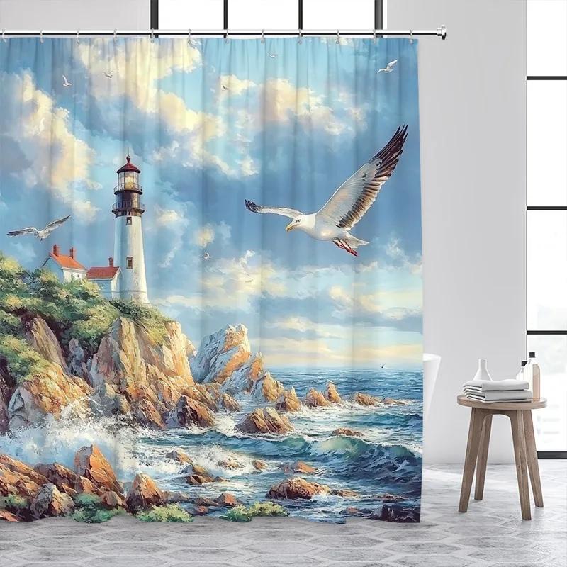 

Синий Океан Маяк Занавески для душа Винтажная Лодка Чайка Морские Волны Акварельное Искусство Современный Декор для ванной комнаты с крючками 90x180cm-35x70in