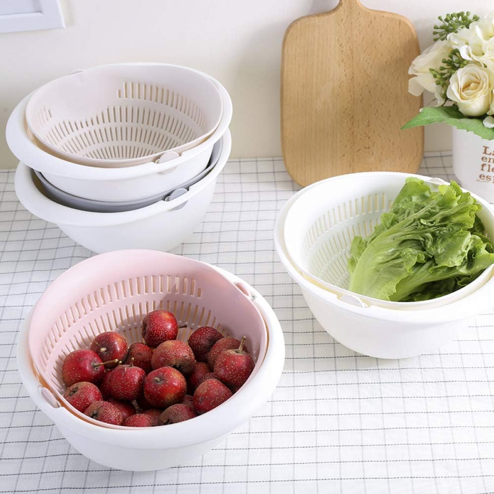 Double Layer Swivel Drainer 2 in 1 Bowl Strainer Combo - Kitchen Colander Fruit Wash Strainer for Cleaning Veggies, Noodles (White)