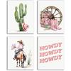 Western Cowgirl Canvas Wall Art, Watercolor Pink Cowboy Hat Cactus Desert Wall Art Prints for Cowgirl Nursery Kids Room Girls Room Dorm Decor Set of