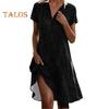 Summer Dress Dot Printing Short Sleeves Loose A-line Shirt Dress V Neck Knee Length Midi Dress for Dating Travel Vacation