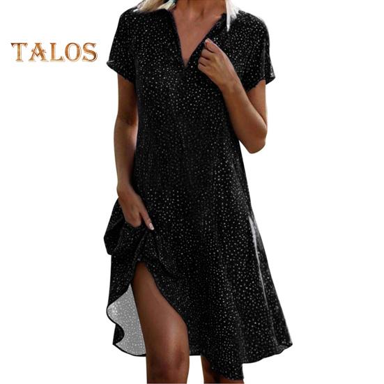 Summer Dress Dot Printing Short Sleeves Loose A-line Shirt Dress V Neck Knee Length Midi Dress for Dating Travel Vacation