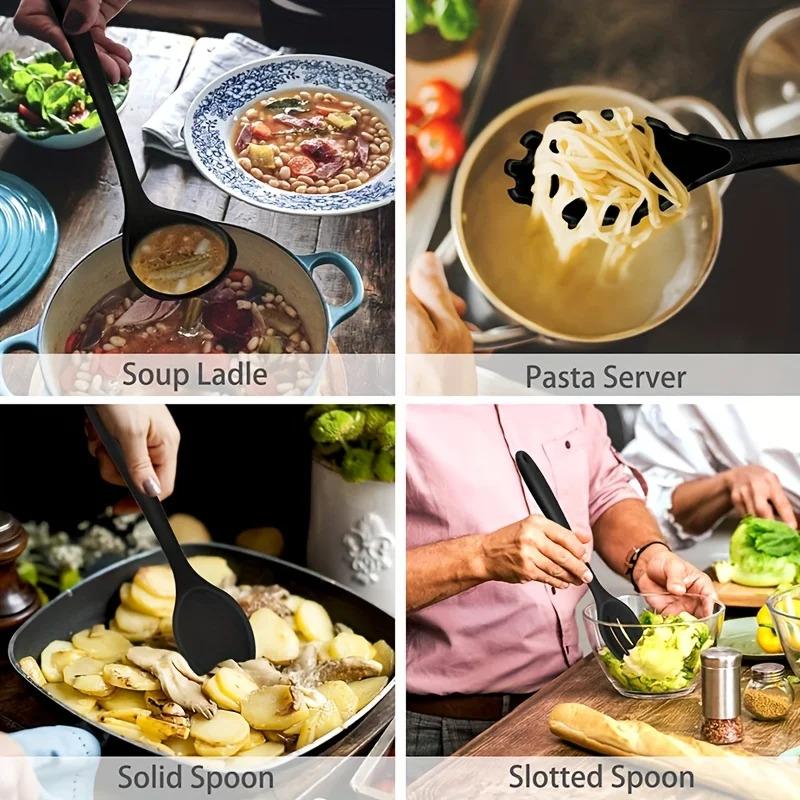 1/7-Piece Silicone Kitchen Utensil Set - Non-Stick Spatula, Spoon, Skimmer, Pasta Clip & More for Cooking & Baking