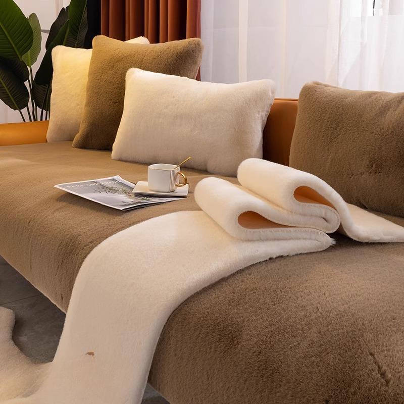 Rabbit Plush Sofa Cushion Winter Light Luxury Modern Simple Non-Slip High-End Thickening Cushion Leather Sofa Cover Cover Cloth