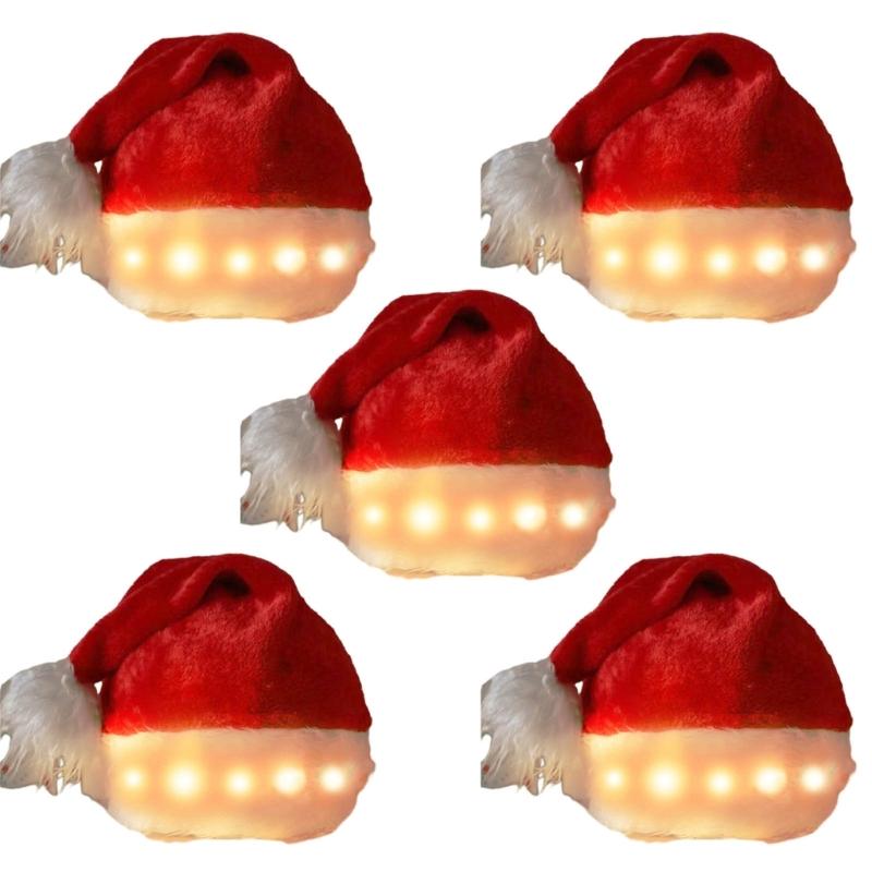 Pack of 5pcs Unisex LED Santa Hat Soft and Comfortable Pom Hats Headgears for Christmas Celebrations and Photo Props