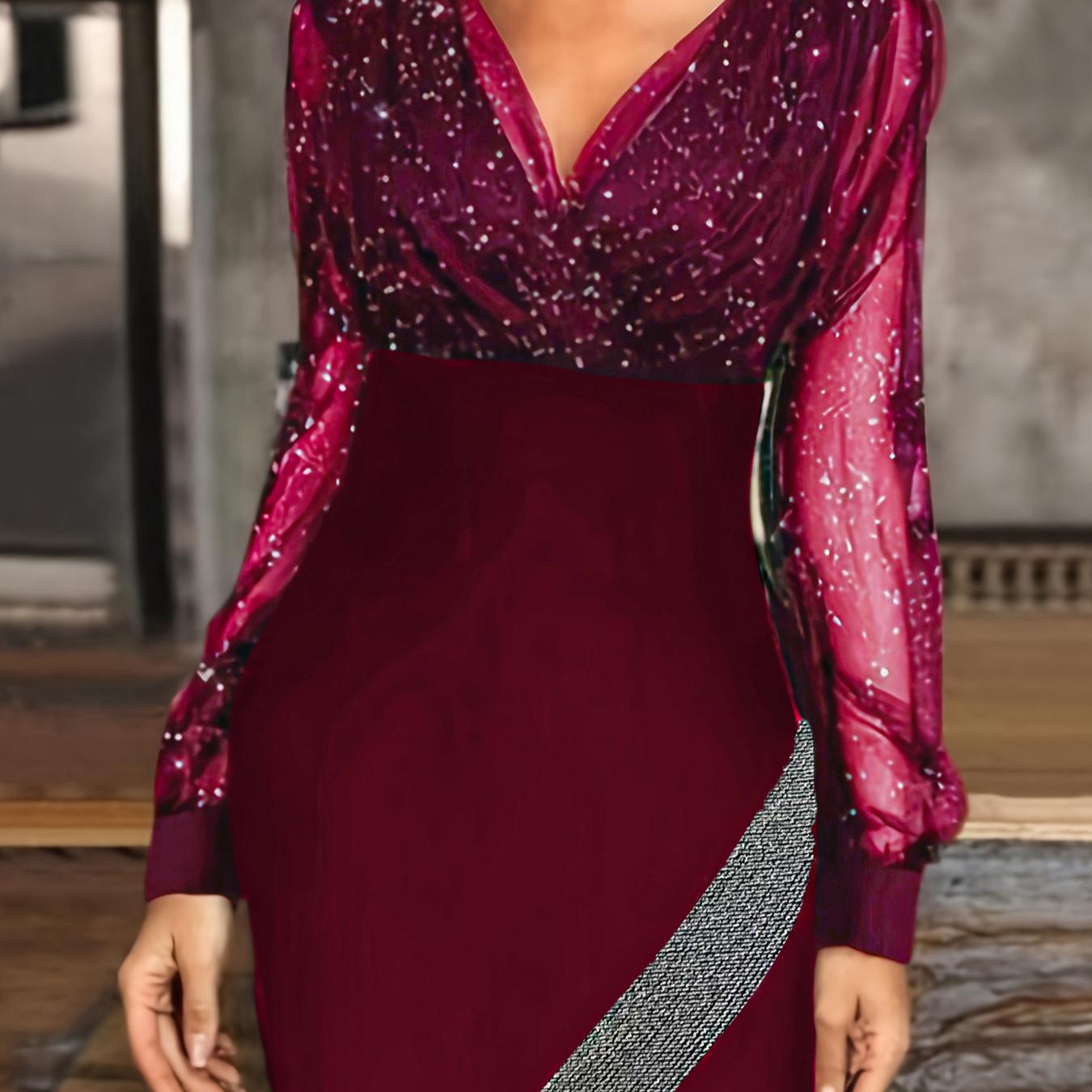 

Новое сетчатое лоскутное сексуальное элегантное платье с V-образным вырезом и длинными рукавами для женщин L красный