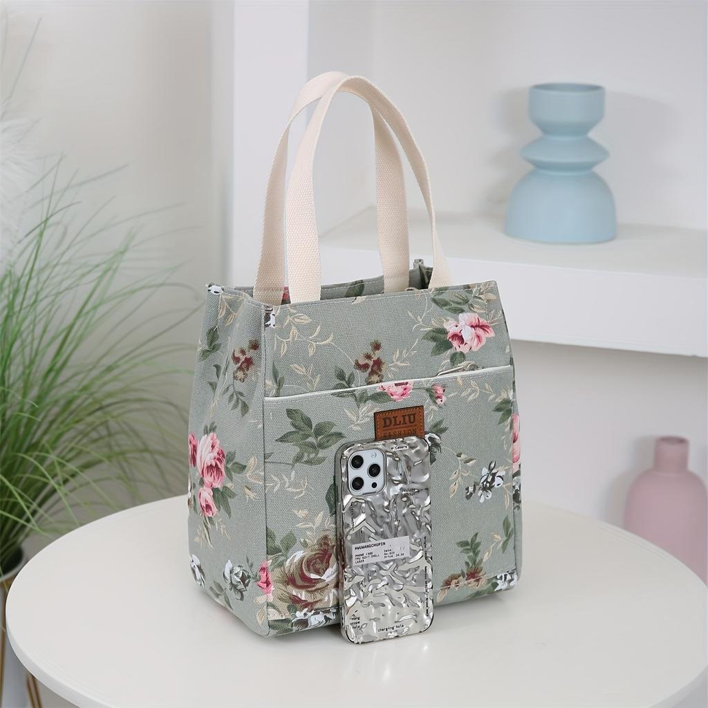 Vintage Floral Fabric Handbag - Thickened Work Tote with Front Zipper Pocket, Portable Cup Box Storage Bag, Semi-Sealed with Zipper Closure
