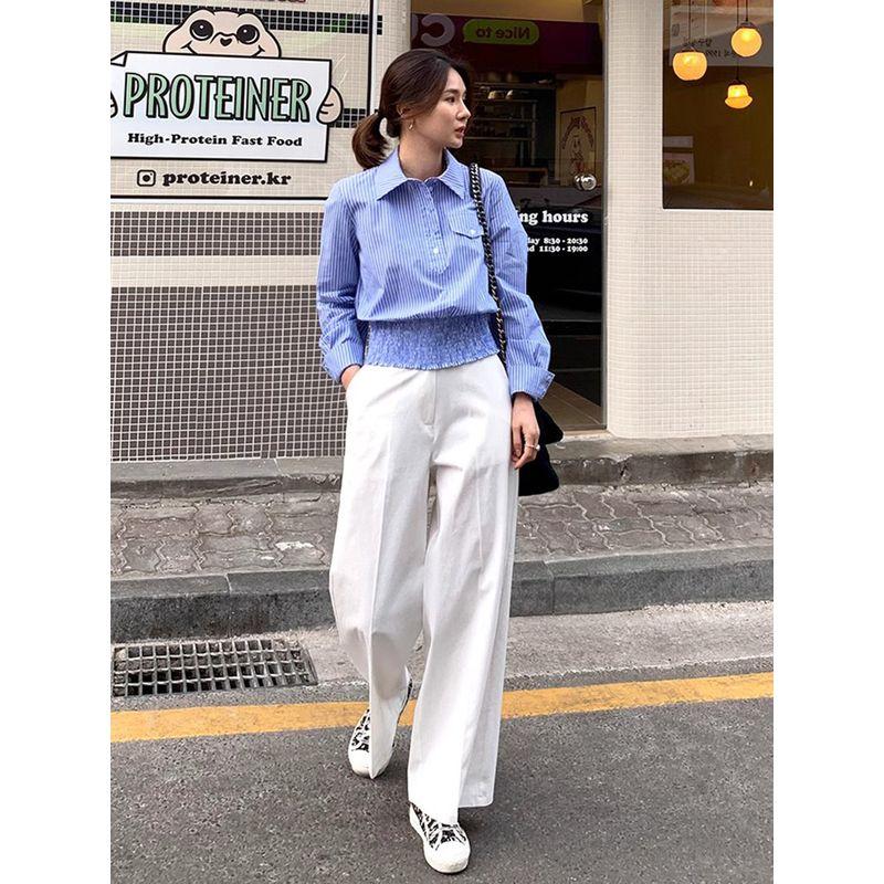 

Plus Size Striped Loose Casual Open Tube Long Sleeve Shirt Blue 3XL