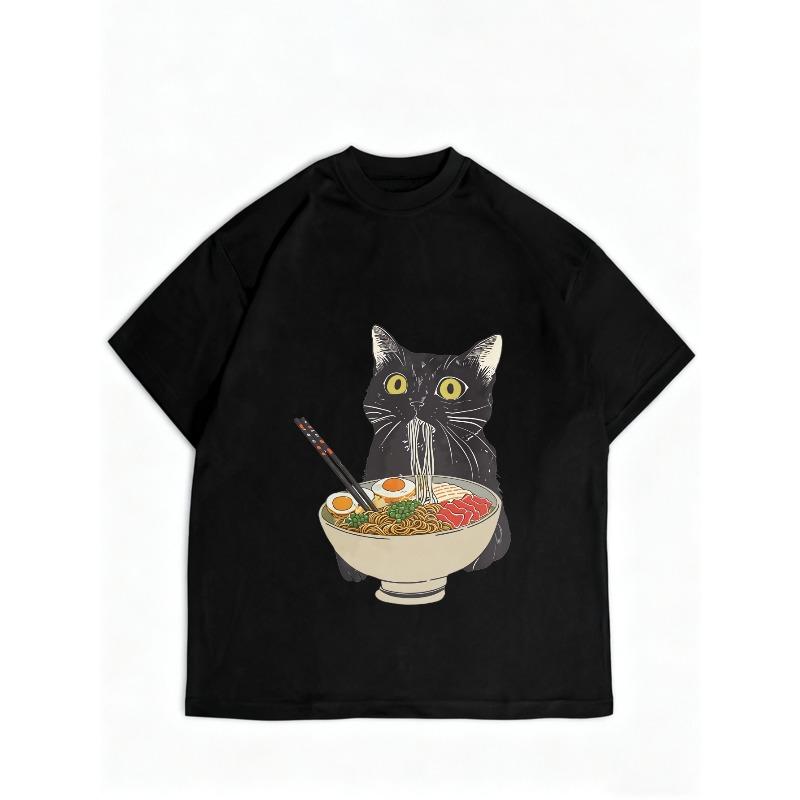 Women Casual T Shirt Black Cat Eating Ramen Noodle Print Loose Fit Top For Daily Wear And Home Comfort