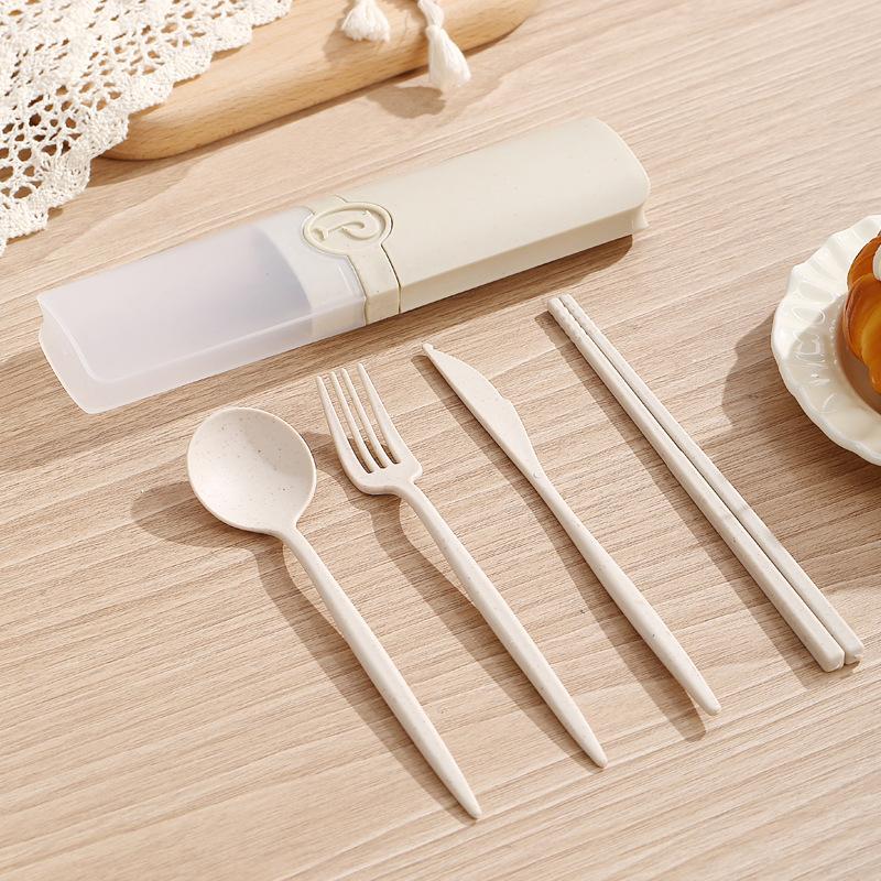 Wheat Straw Portable Cutlery Set with Storage Box Reusable Spoon Fork Chopsticks Travel Tableware Kit Utensils for Students