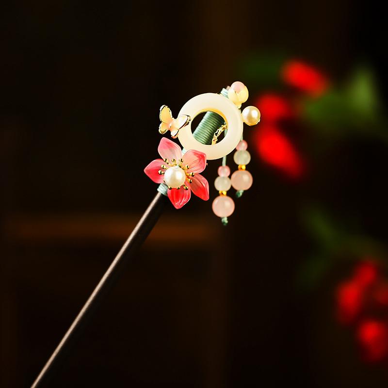 1Pc Updo Fresh Wood Ancient Headwear Flower Hairpin New Chinese Style Tassel Tassel Hairpin
