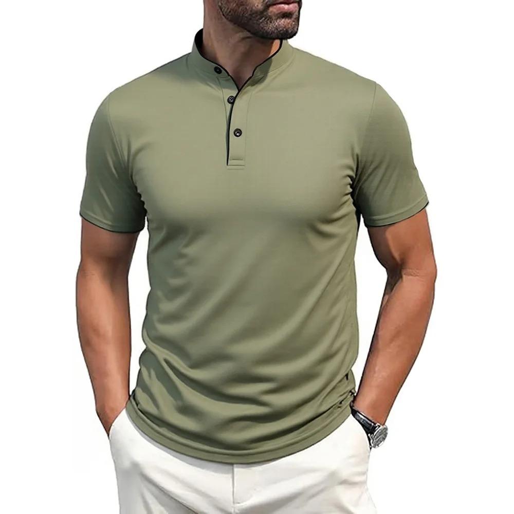 Men's Small Stand Collar Shirts Short-sleeved Polo Contrast Color Fashion Golf T-shirt Button Down Slim Fit