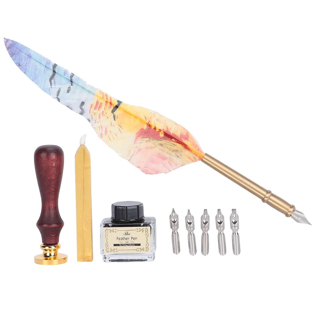 Feather Pen Dip Art Calligraphy Retro Vintage Quill Gift Box Kit with Lacquer Stamp Tool