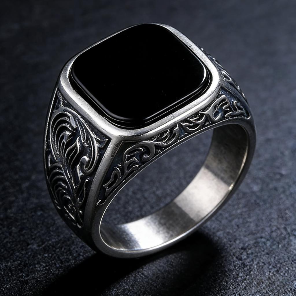 Inele pentru Bărbați cu Onix Negru, Piatră Prețioasă Pătrată 12x14mm Sculptată, Bandă de Cupru Vintage, Bijuterie Boldă cu Stil Gothic Cadou pentru El