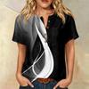 Women’s Fashion Printed Henley Button Neck Short Sleeve Cotton Linen Shirt with Chest Pocket and Modern Abstract Pattern