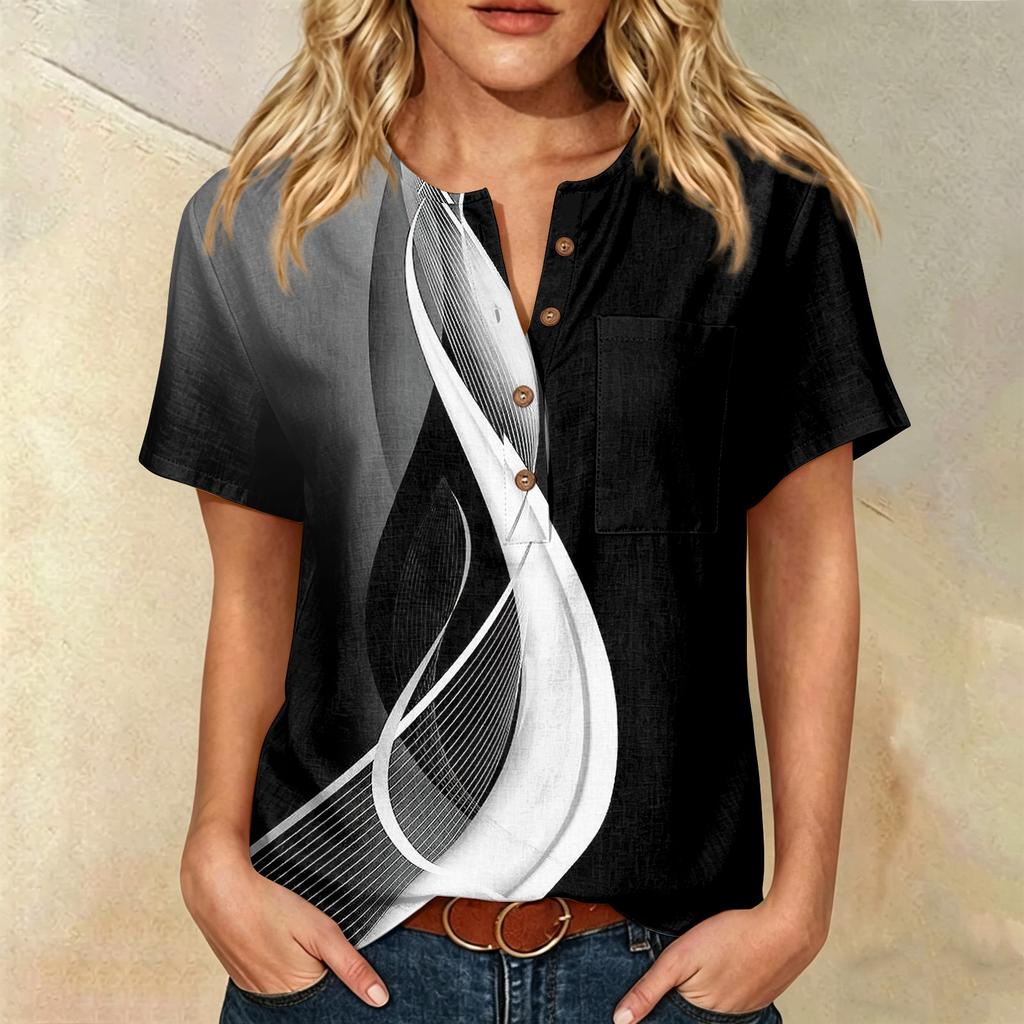 Women’s Fashion Printed Henley Button Neck Short Sleeve Cotton Linen Shirt with Chest Pocket and Modern Abstract Pattern