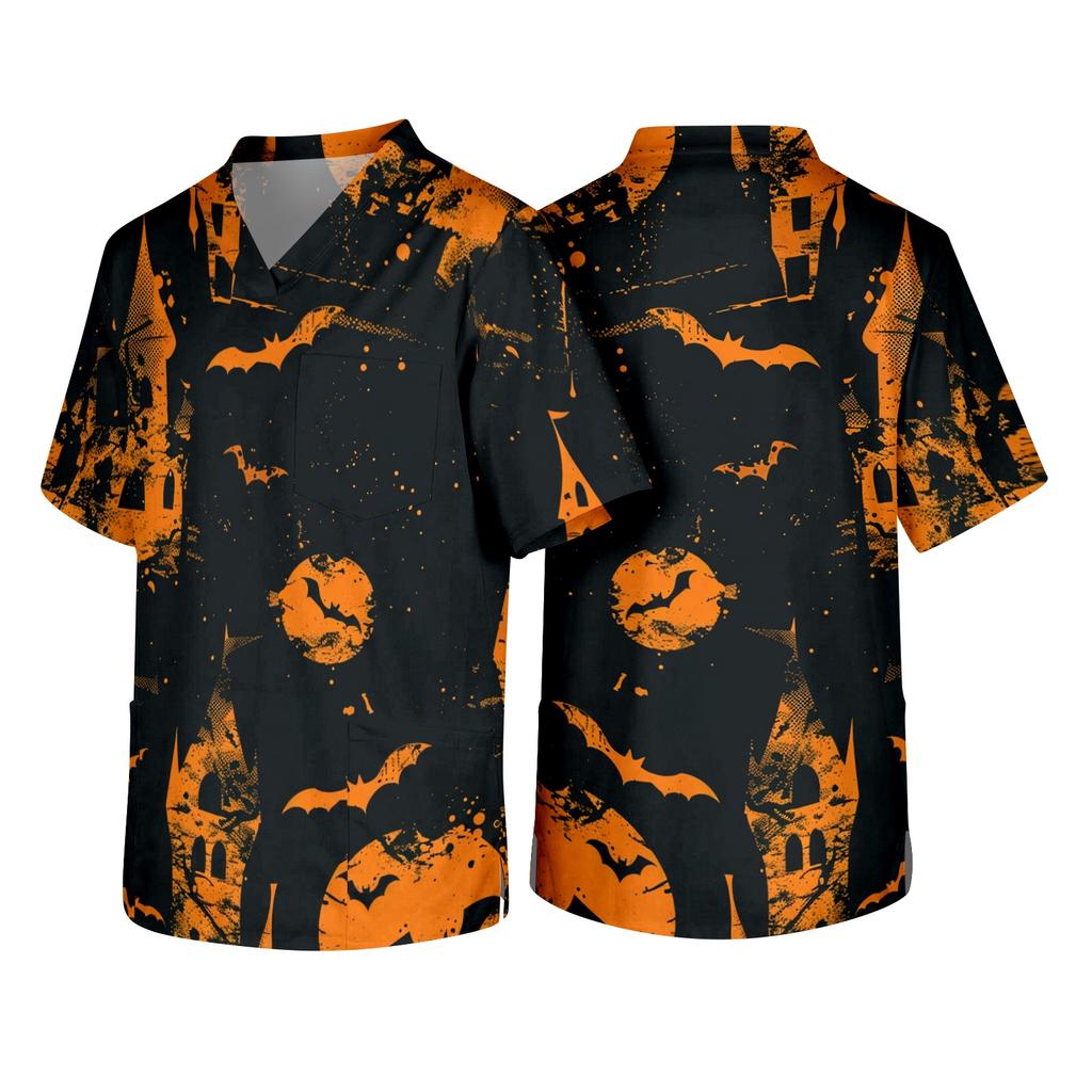 Men V Neck Short Sleeve Halloween Print Chest Pocket Scrub Top Classic Fit Comfortable Workwear Uniform Shirt