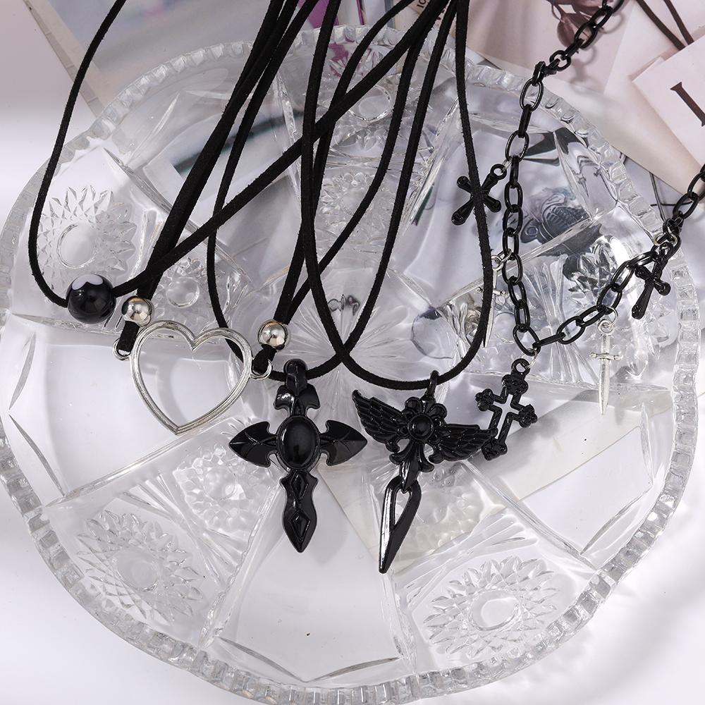 Cool Gothic Black Cross Pendant Necklace for Women Men Love Heart Leather Rope Necklaces Streetwear Hip Hop Punk Jewelry Gifts