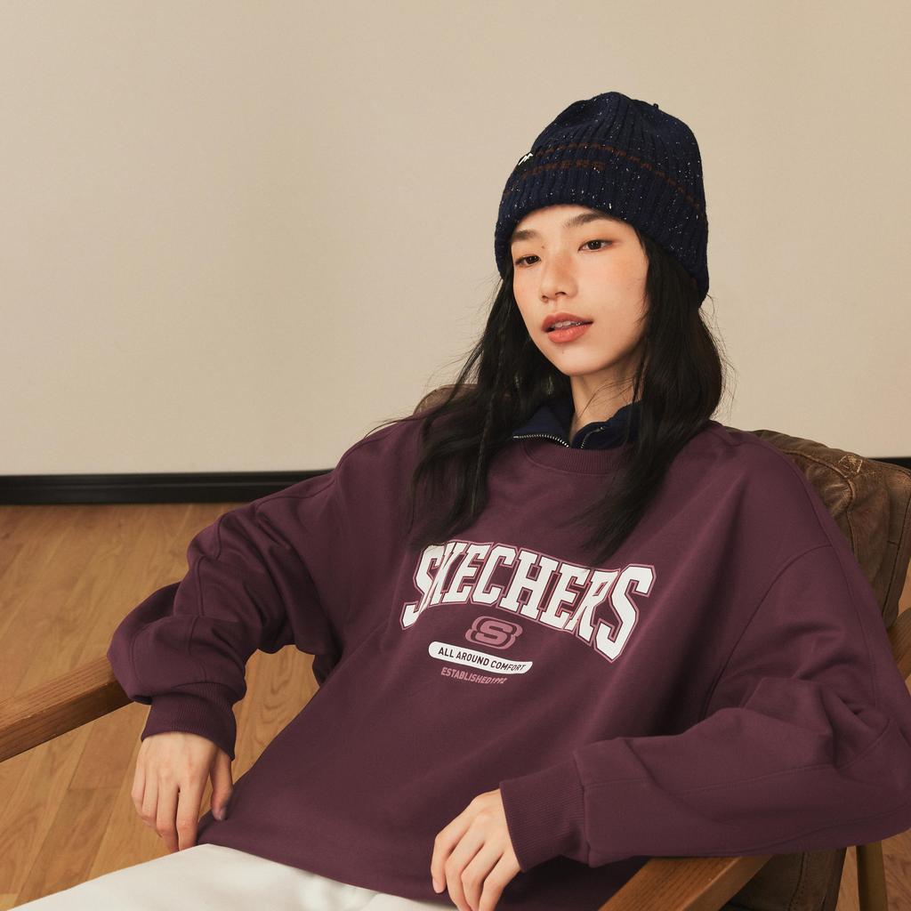 Skechers Sport Lifestyle College Style Letter Vintage American Knit Pullover Round Neck Comfortable Fashion Versatile Sweatshirt L324U100-02C9