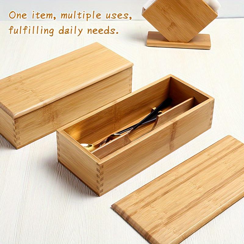 1pc Storage Box, Japanese Style Bamboo Spoon And Fork Cutlery Storage Box, 2-grid Divided Chopstick Box With Lid, For Restaurant And Hotel