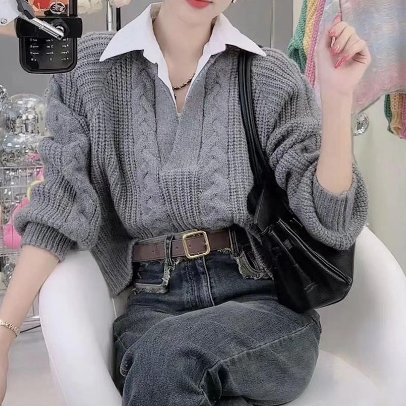 Suéter retro de mujer falso cuello polo de dos piezas top torcido de punto