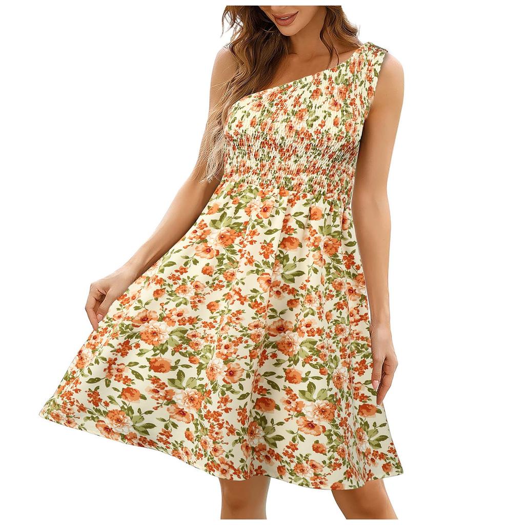 Summer Beach Skirt Floral One Shoulder Medium Length Dress Bohemian Strapless Strapless Dress