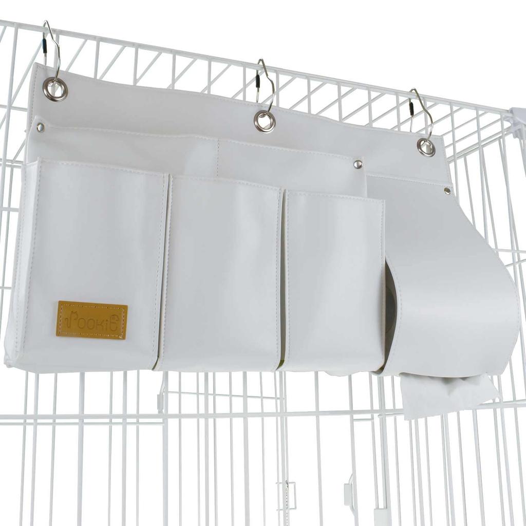 POOKIE Cat/Dog Cage Storage, Pet Playpen Storage Bag with Paper Holder, Pet Sheet, Brush, Diaper Storage Hooks (Beige)