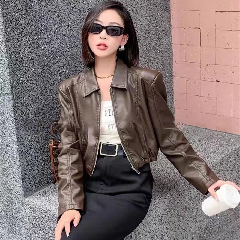 

Женская американская ретро кожаная мотоциклетная куртка - С длинными рукавами, милая и крутая для весны и осени 2024 M кофейный