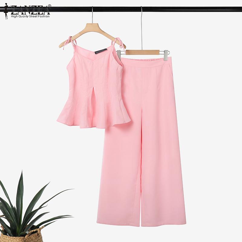 ZANZEA Women Sleeveless Straps Tops and Pants Summer Two Piece Suit Sets