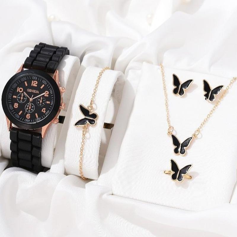 5/6PCS Luxury Watch Women Ring Necklace Earrings Bracelet Set Fashion Heart Butterfly Jewelry Ladies Quartz Wristwatch