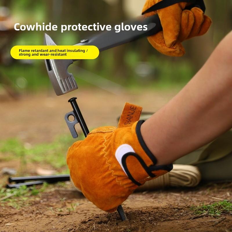 Heat-resistant and flame-retardant gloves, thickened cowhide high-temperature resistant welding leather gloves, durable camping protective gloves