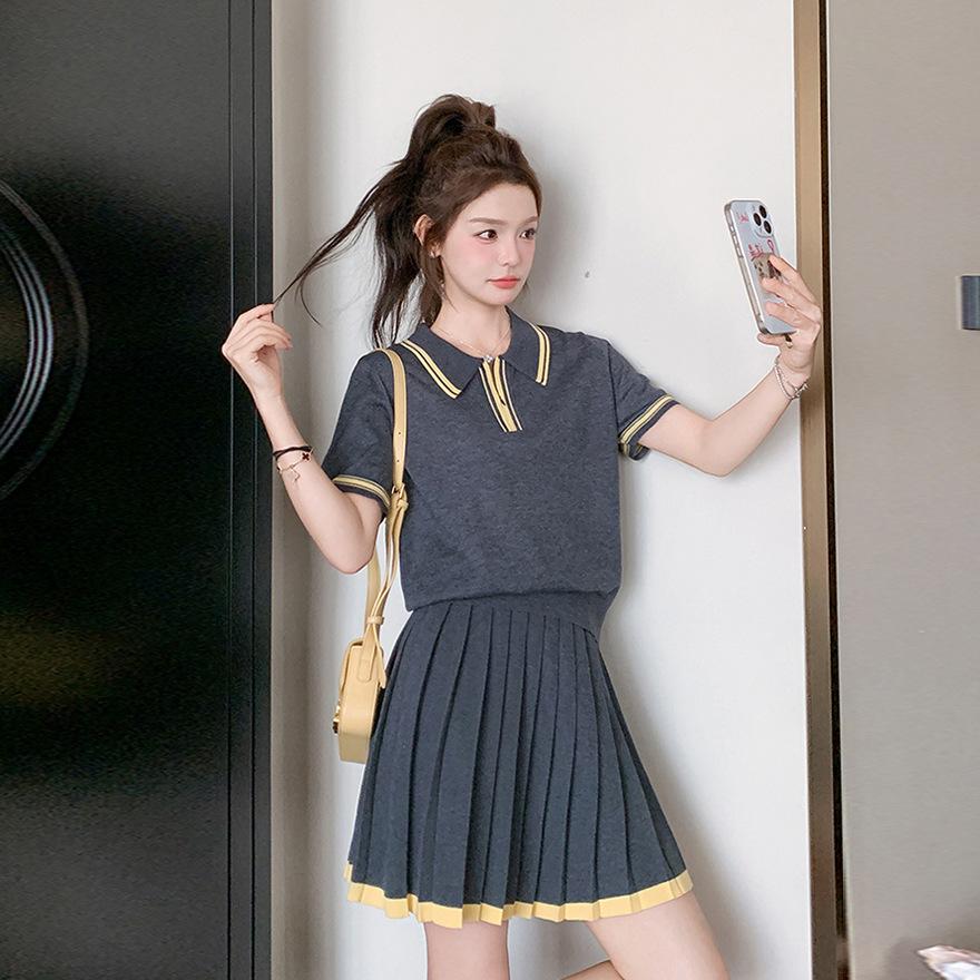 

Dark gray casual sports style suit skirt women s summer new set of short-sleeved tops and short skirts two-piece set XL