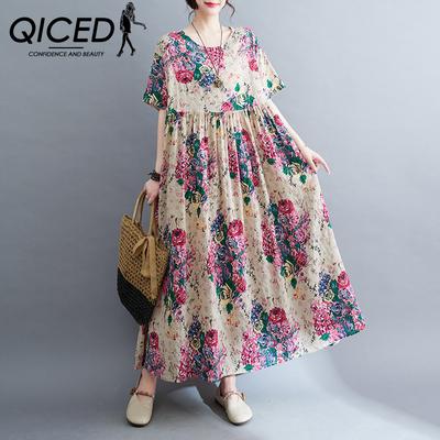 QICED Rochie de vară pentru femei plus-size, stil literar, din bumbac și in, cu imprimeu, gât rotund, mânecă scurtă, Femei, Largă, Subțire, Fustă lungă în linie A