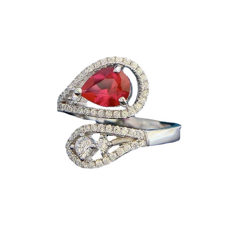 Luoxi Temple 2024 S925 Silver Pear-Shaped Pigeon Blood Red Adjustable Ring