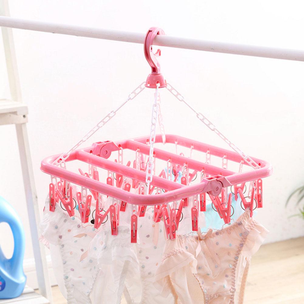 Household 32 Clips Folding Clothes Hanger Dryer Socks Underwear Drying Rack (Pink)