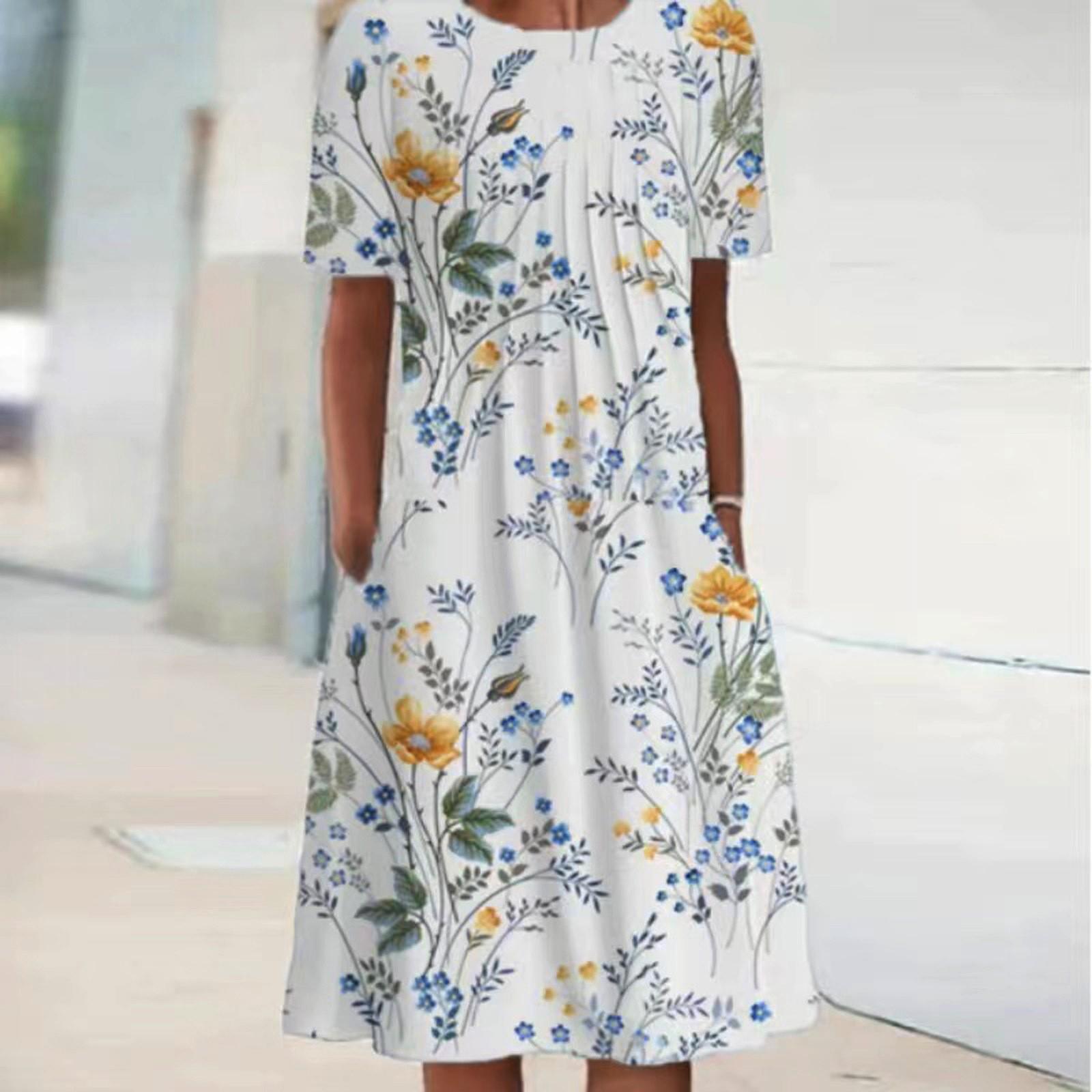 Women s Summer  Casual Fashion O-neck Short Sleeve Print Pullover Loose Dress M