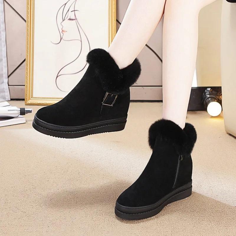 7.5CM Suede Genuine Leather Women Ankle Snow Boots Platform Wedge Fur Plush Warm Women Winter Shoes Zipper Hidden Heels Shoes