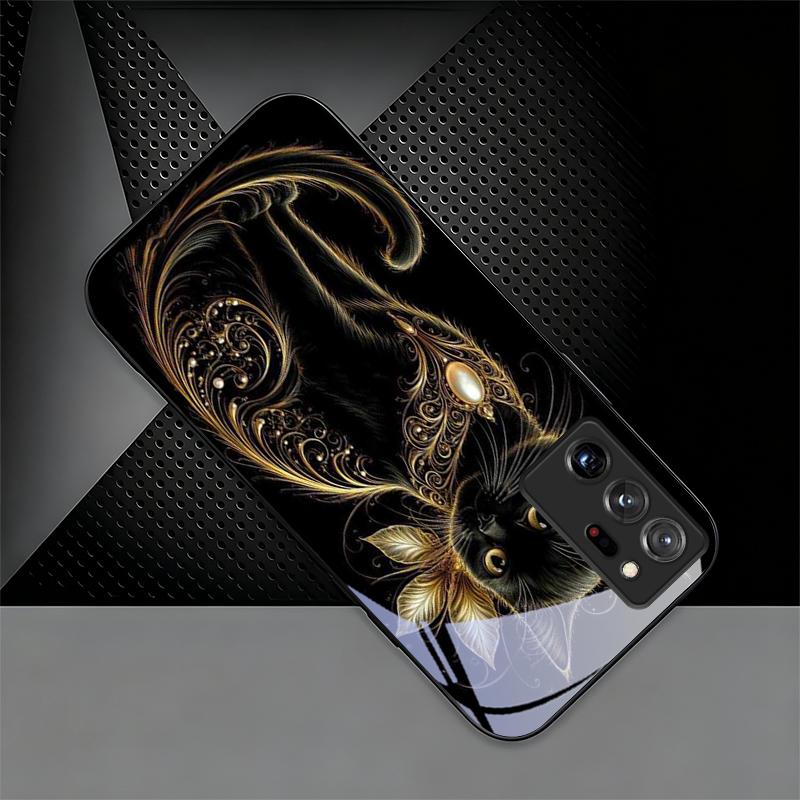 Luxury Jeweled Cat Black Phone Case For Samsung Galaxy Note 10 20 A 06 A07 12 A13 A14 A15 A16 A17 A22 A23 24 25 26 Glass Cover