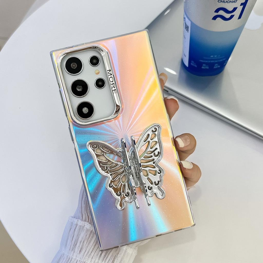 Samsung S25ultra Mobile Phone Case Electroplated Laser S24 All Inclusive Butterfly Stand A56 Protective Case for Women