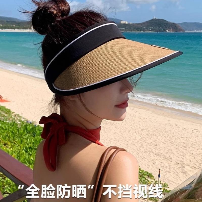 Empty top sunscreen hat, women's summer vinyl straw woven cycling visor, UV-proof large brim, face-covering beach straw hat
