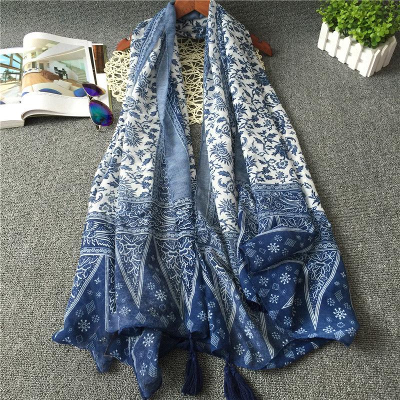 

Юньнаньский синий галстук-дай шарф с кисточками из фарфора - Этнический стиль хлопково-льняная шаль для женщин 180x90 cm