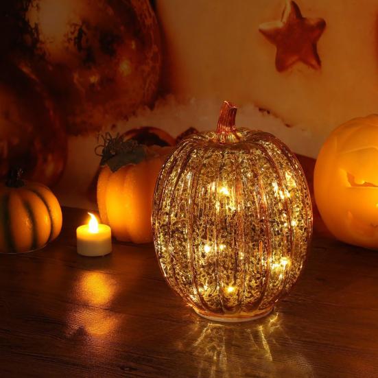 Glass Pumpkin Lights LED Lighted Pumpkin Fall Thanksgiving Table Centerpiece for Bedroom Bathroom Hallway Home Decoration