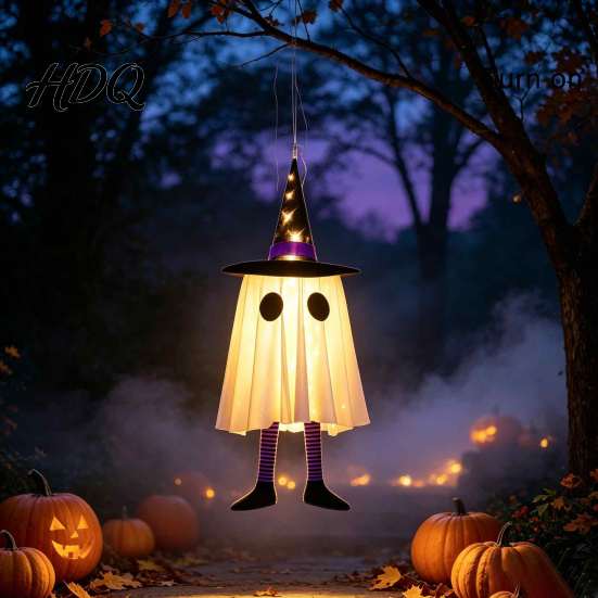 Spooky Atmosphere Entryway Accents Halloween Hanging Ghost Decoration with Witch Hat And Leg, LED Lighted Eco Friendly Ornaments Floating for