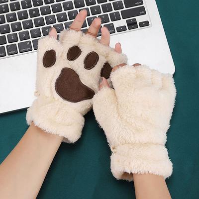 1 Pair Women Cartoon Cat Claw Gloves Thicken Fingerless Soft Plush Warm Cute Bear Paw Fingers Winter Kawaii Half Finger Mittens