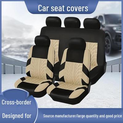 European-Styled Embossed Fabric Car Seat Cover Set for Five-Seaters - 9 Pieces, All-Season Use
