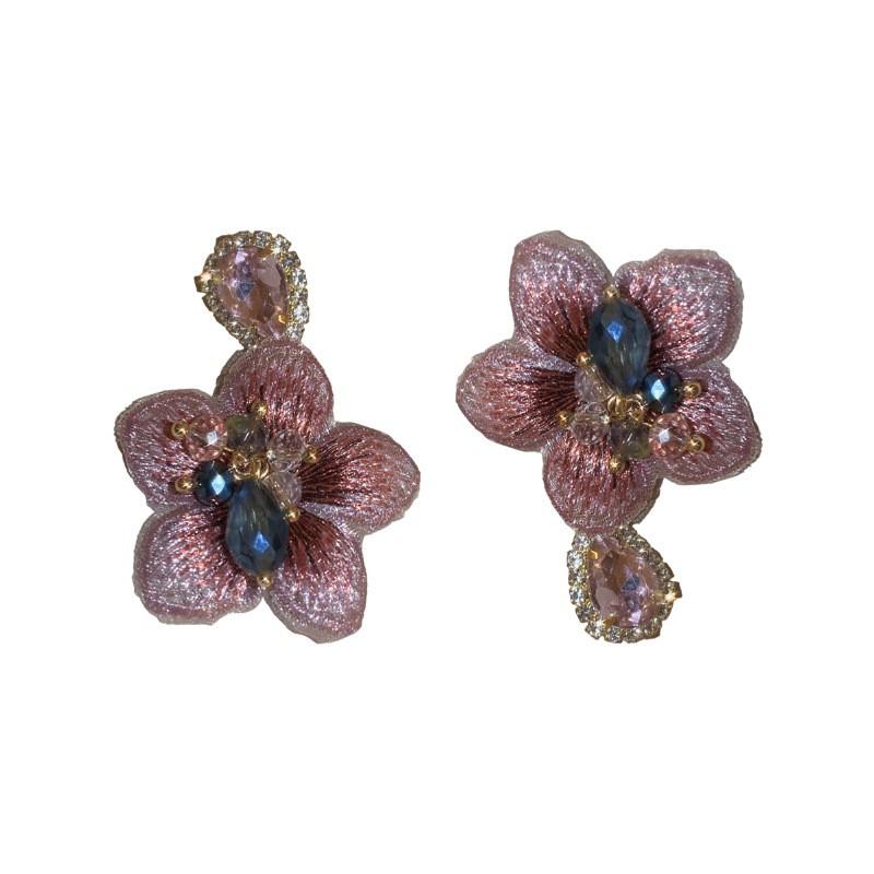 Vintage Asymmetric Fabric Flower Earrings Crystal Inlaid Elegant Ear Jewelry Women
