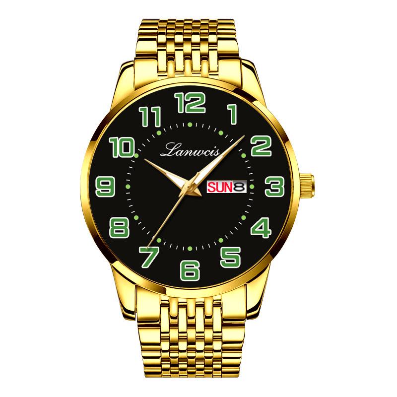 Men's Large Dial Digital Quartz Watch, Steel Band, Dual Calendar In English & Chinese, Waterproof - Ideal for Seniors