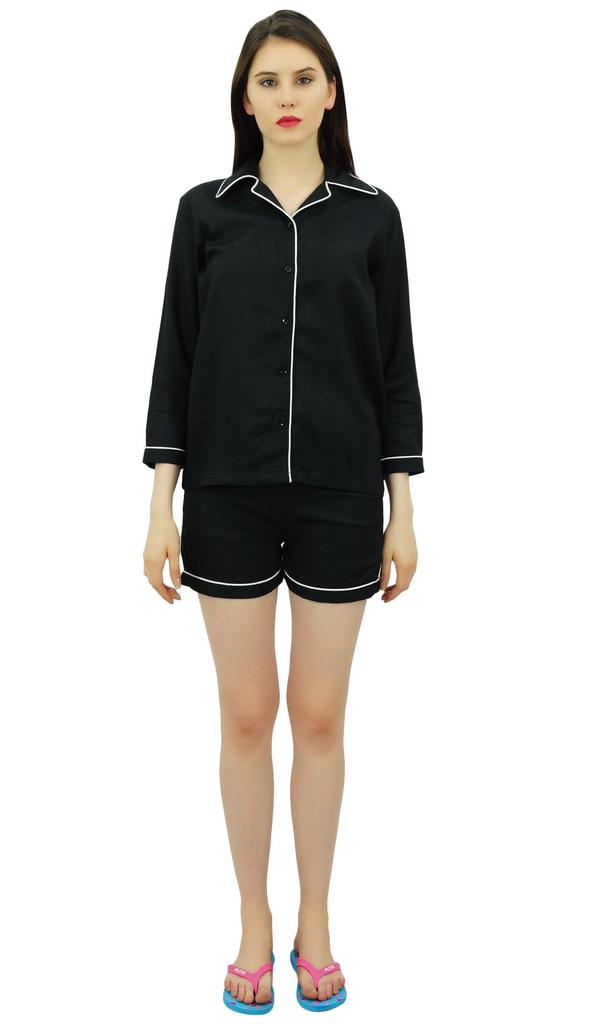 Bimba Button-Down Shirt With Elastic Waist Shorts 2 Pcs Full Sleeve Night Wear