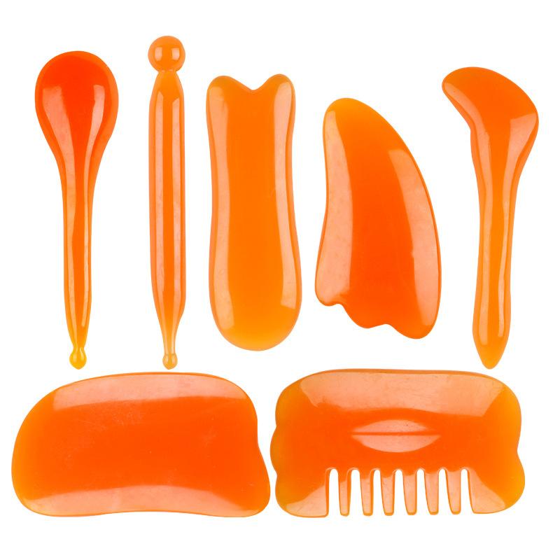 

7pcs/set Natural Beewax Resin Guasha Board Massage Acupoint Face Lift Health Scraping Plate Stick Care Tool Set Massager помаранчевий