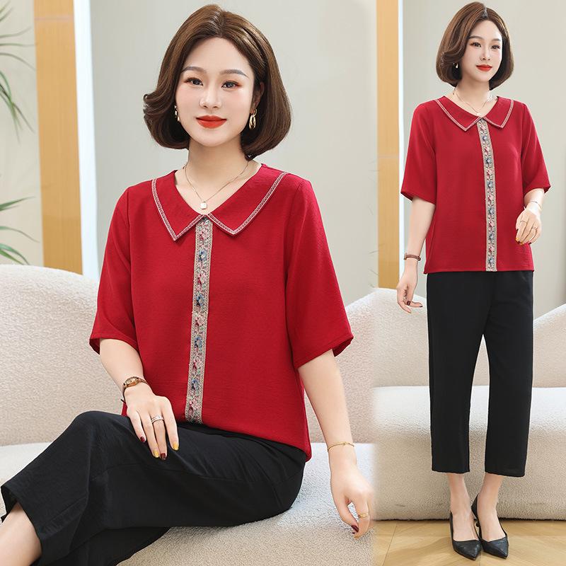 Elegant Summer Lapel T-shirt: Stylish Chinese Design for Middle-Aged & Elderly Women
